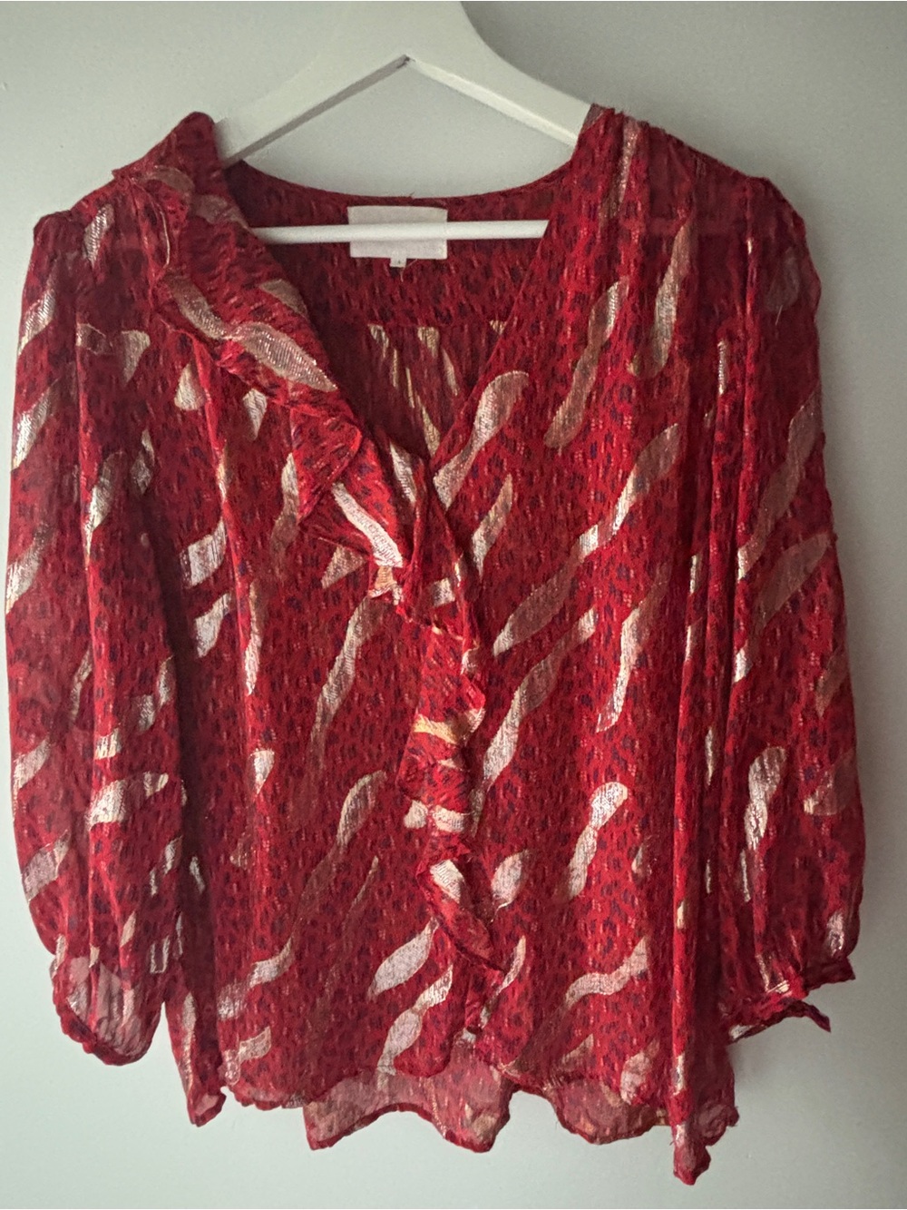 ba&sh Red Metallic Patterned Ruffle Blouse